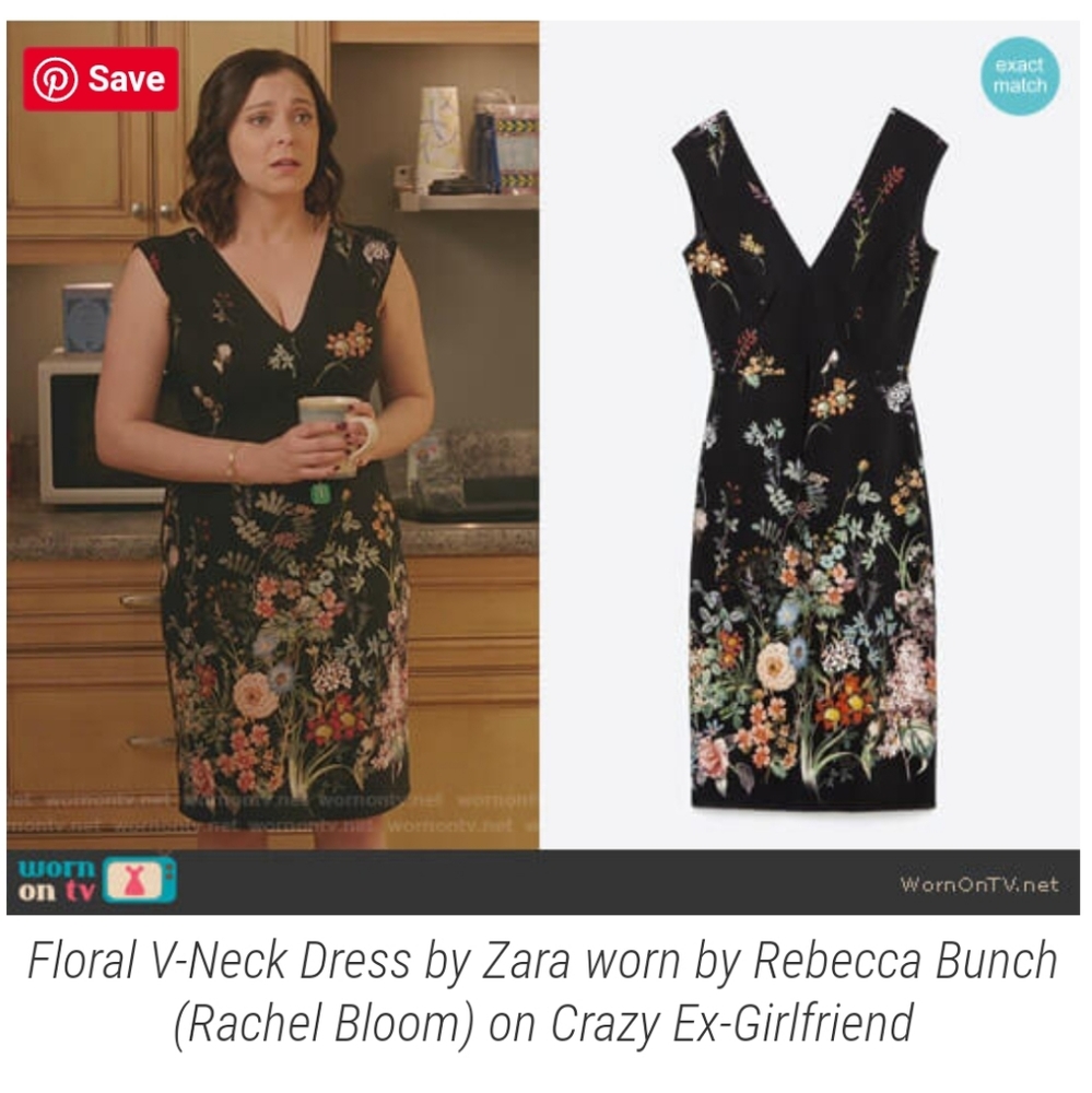 Zara Floral V Neck Black Midi Dress seen on Rebecca Bunch Crazy Ex Girlfriend